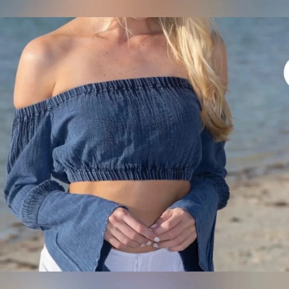 Natural Cotton FLARE MIDNIGHT BLUE OFF-SHOULDER cropped top long sleeve size M - Picture 5 of 16